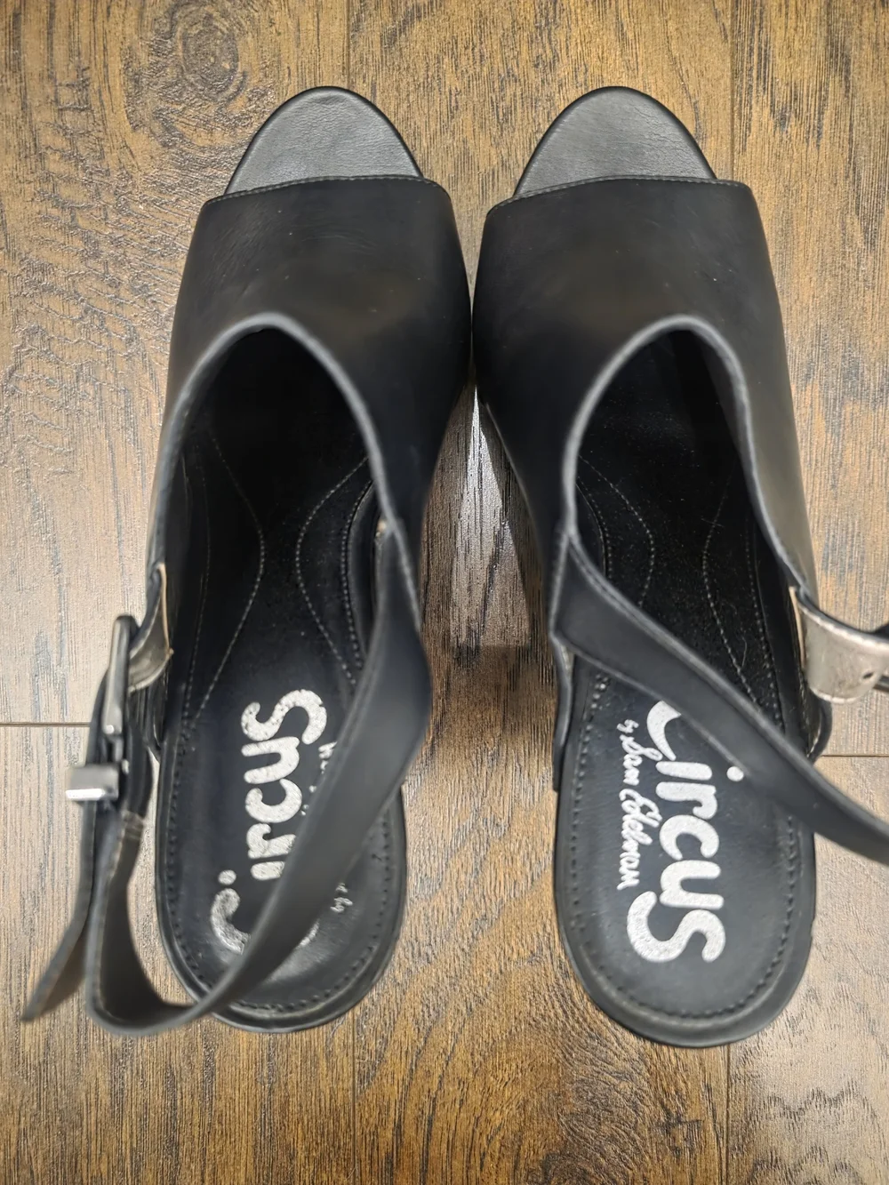 Circus by Sam Edelman Black Leather Studded Wood-Look Wedge Sandals